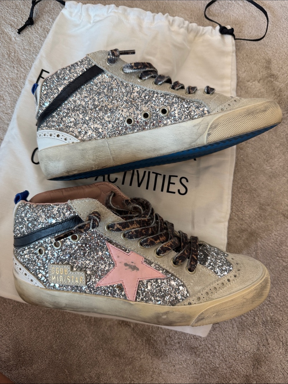 Golden Goose Mid Star High-Top Sneakers in Silver, Pink and Leopard - Picture 2 of 4